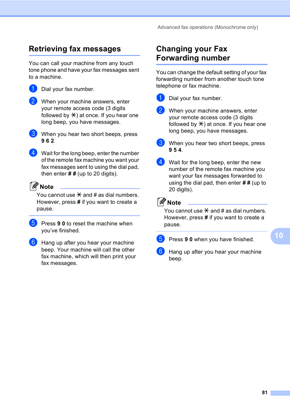 Retrieving fax messages, Changing your fax forwarding number, 10 retrieving fax messages | Brother MFC-440CN User Manual | Page 93 / 201