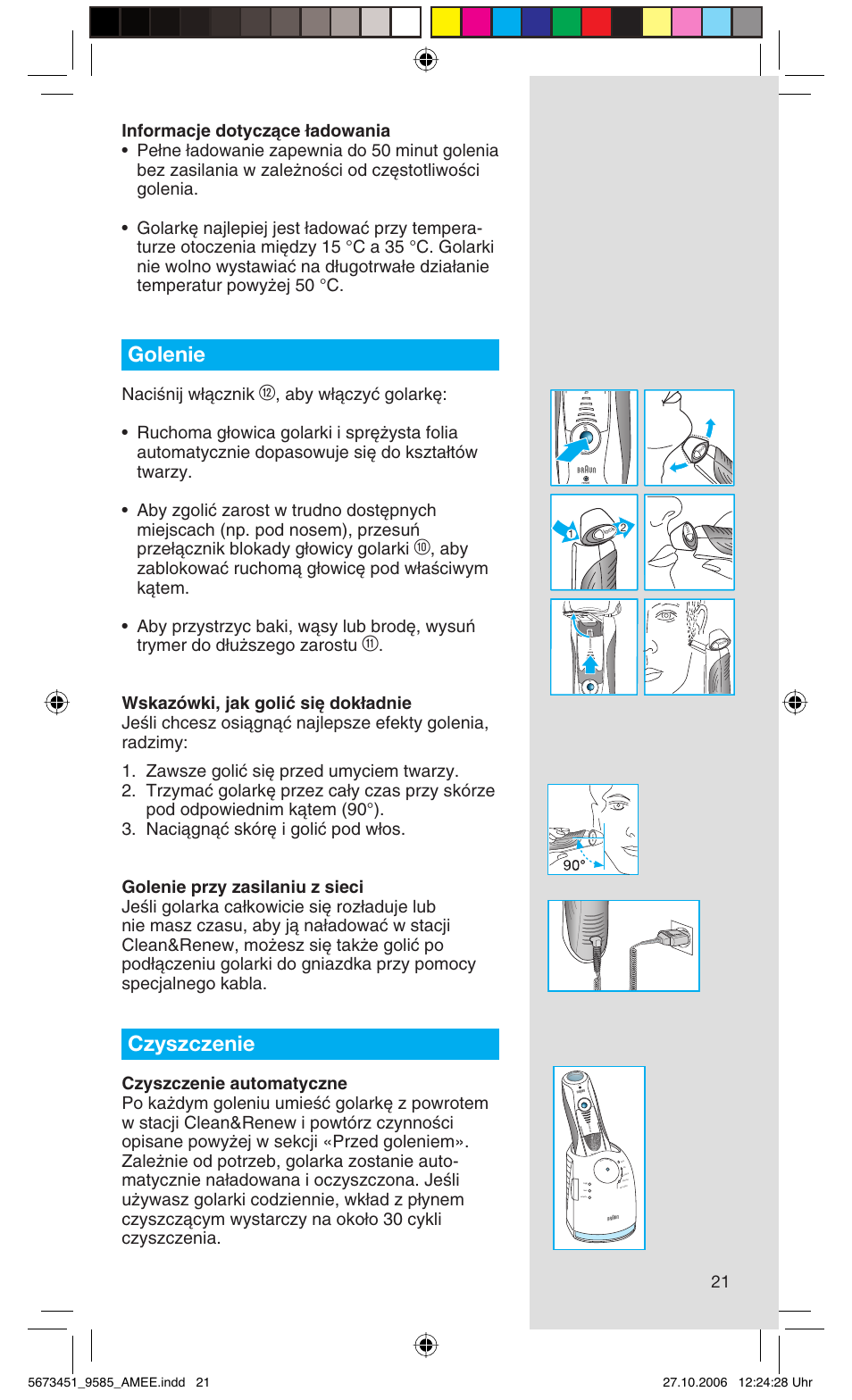 Golenie, Czyszczenie, Naciênij w∏àcznik | Rese t | Braun 9585 Pulsonic User Manual | Page 21 / 94