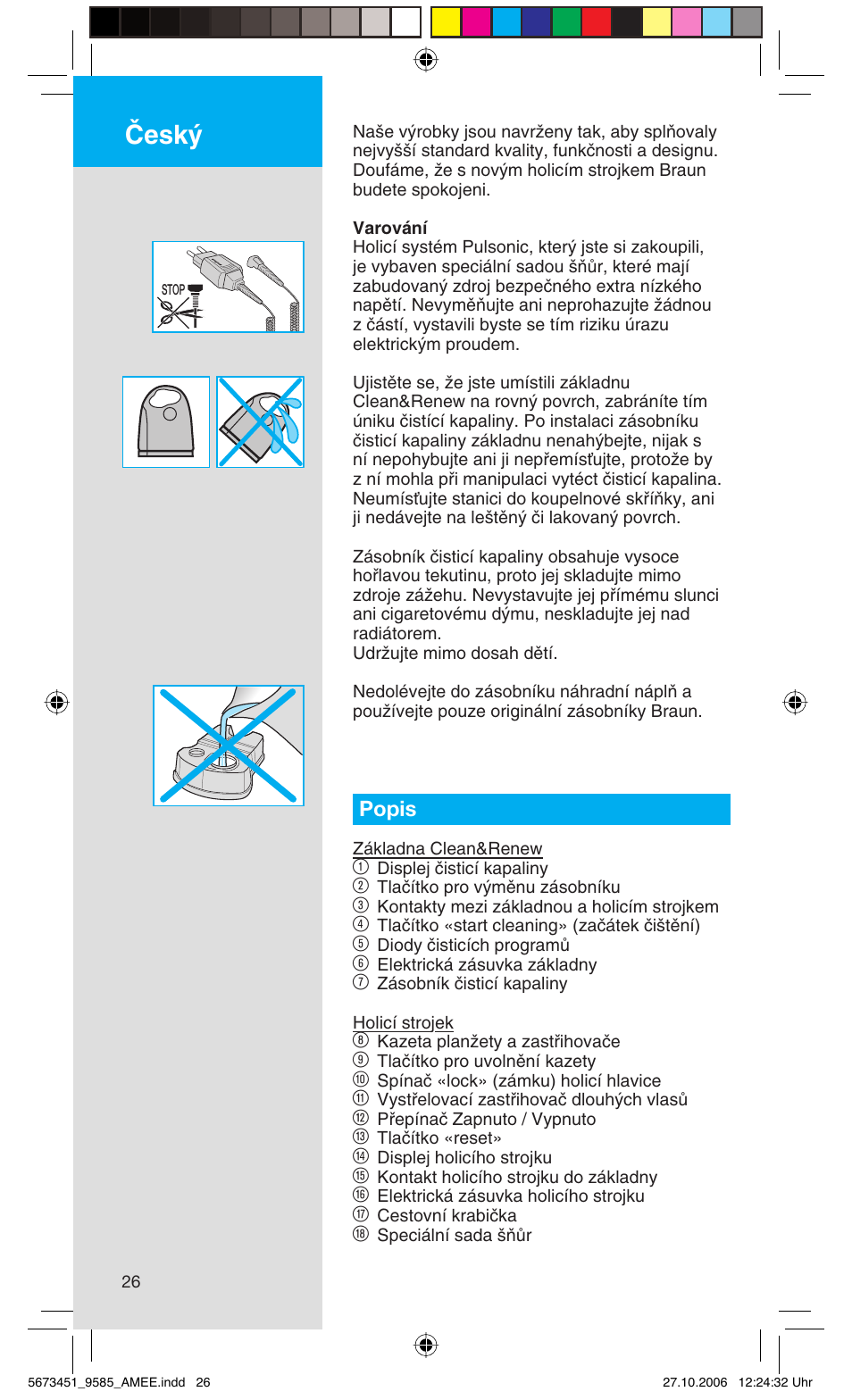 Âesk, Popis | Braun 9585 Pulsonic User Manual | Page 26 / 94