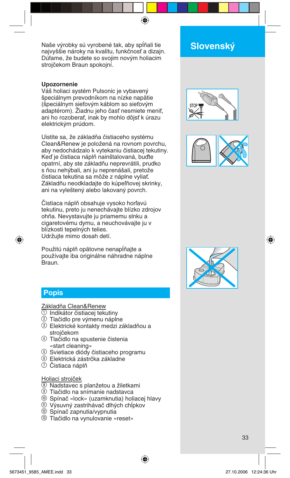 Slovensk, Popis | Braun 9585 Pulsonic User Manual | Page 33 / 94