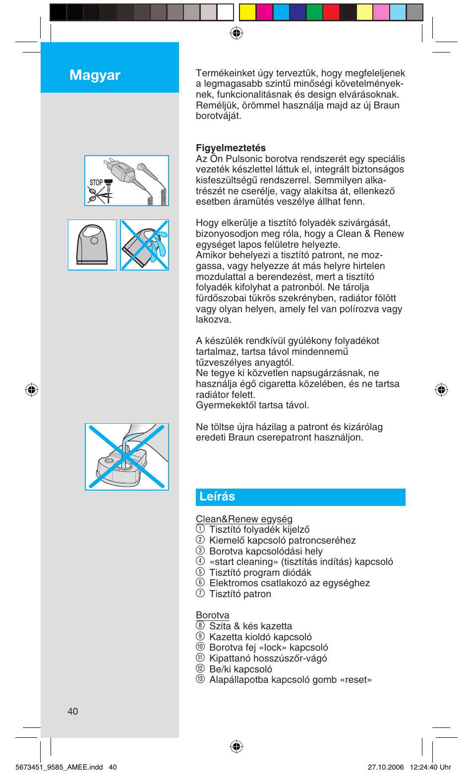 Magyar, Leírás | Braun 9585 Pulsonic User Manual | Page 40 / 94