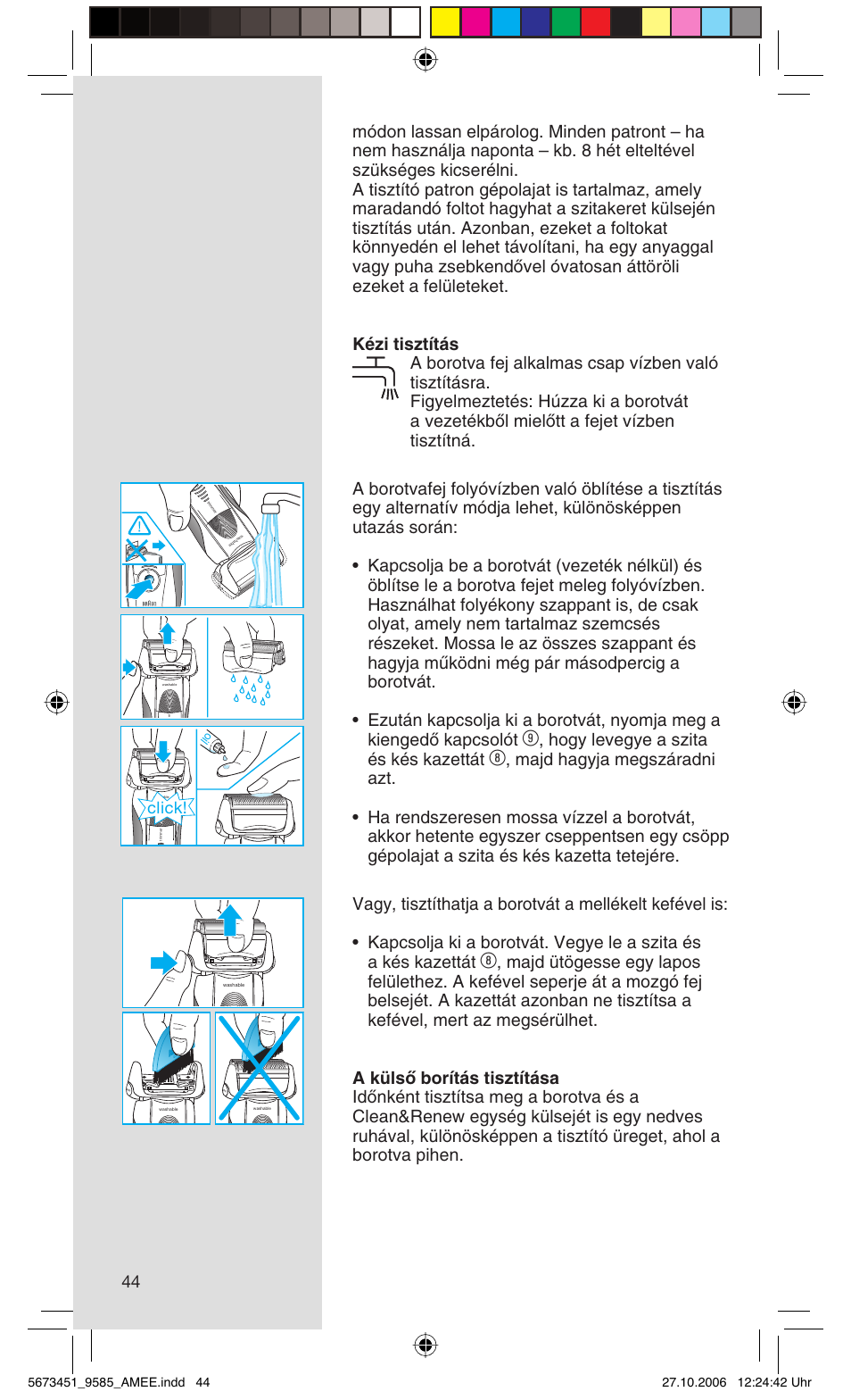 Hogy levegye a szita és kés kazettát, Click | Braun 9585 Pulsonic User Manual | Page 44 / 94