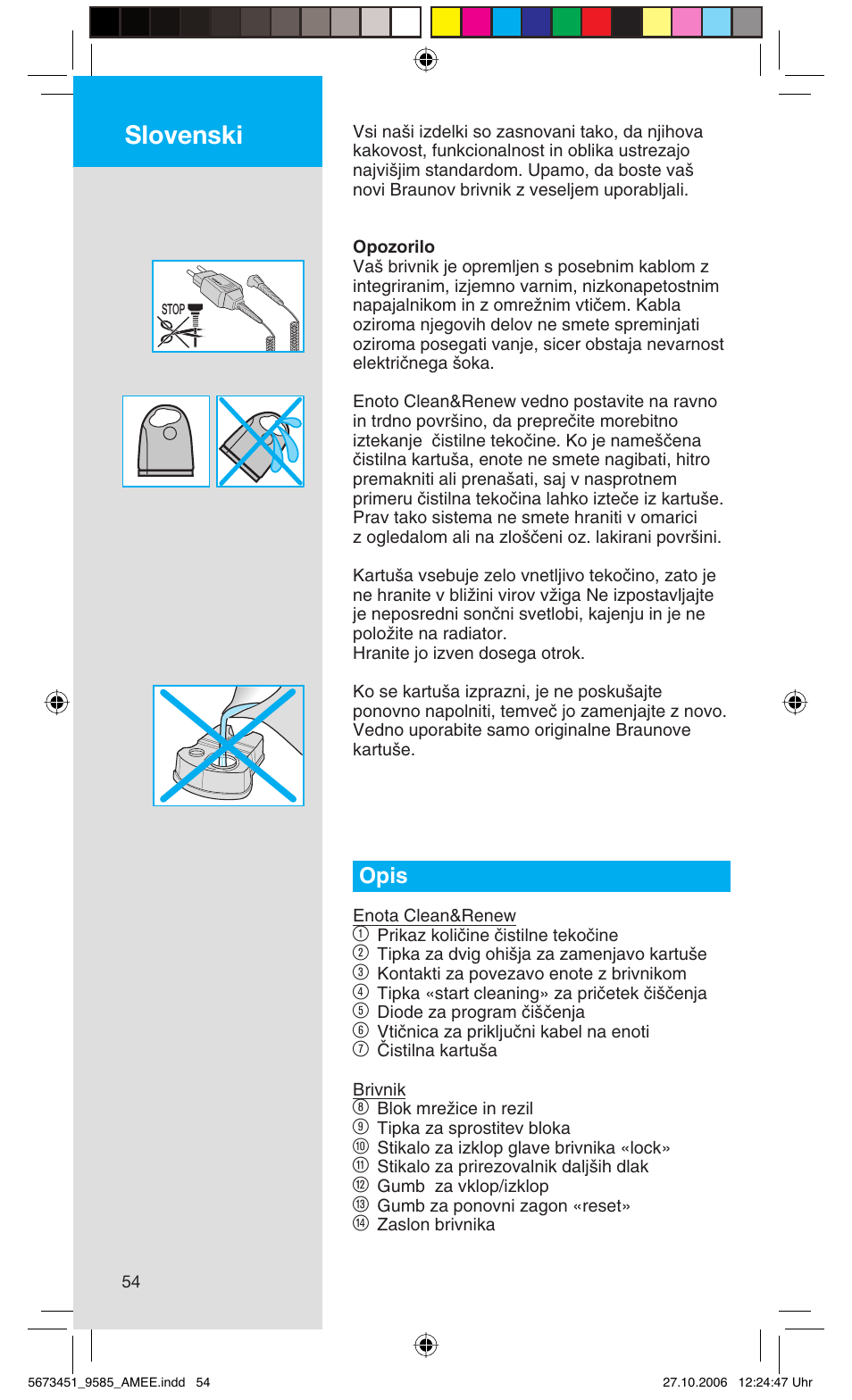 Slovenski, Opis | Braun 9585 Pulsonic User Manual | Page 54 / 94