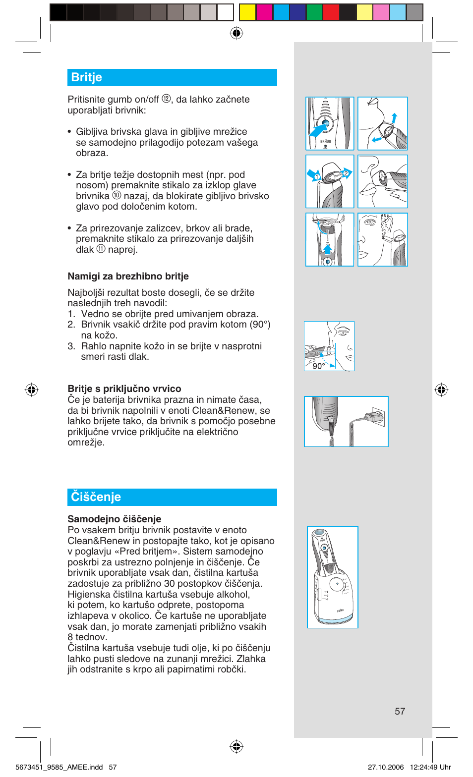 Britje, Âi‰ãenje, Pritisnite gumb on/off | Rese t | Braun 9585 Pulsonic User Manual | Page 57 / 94