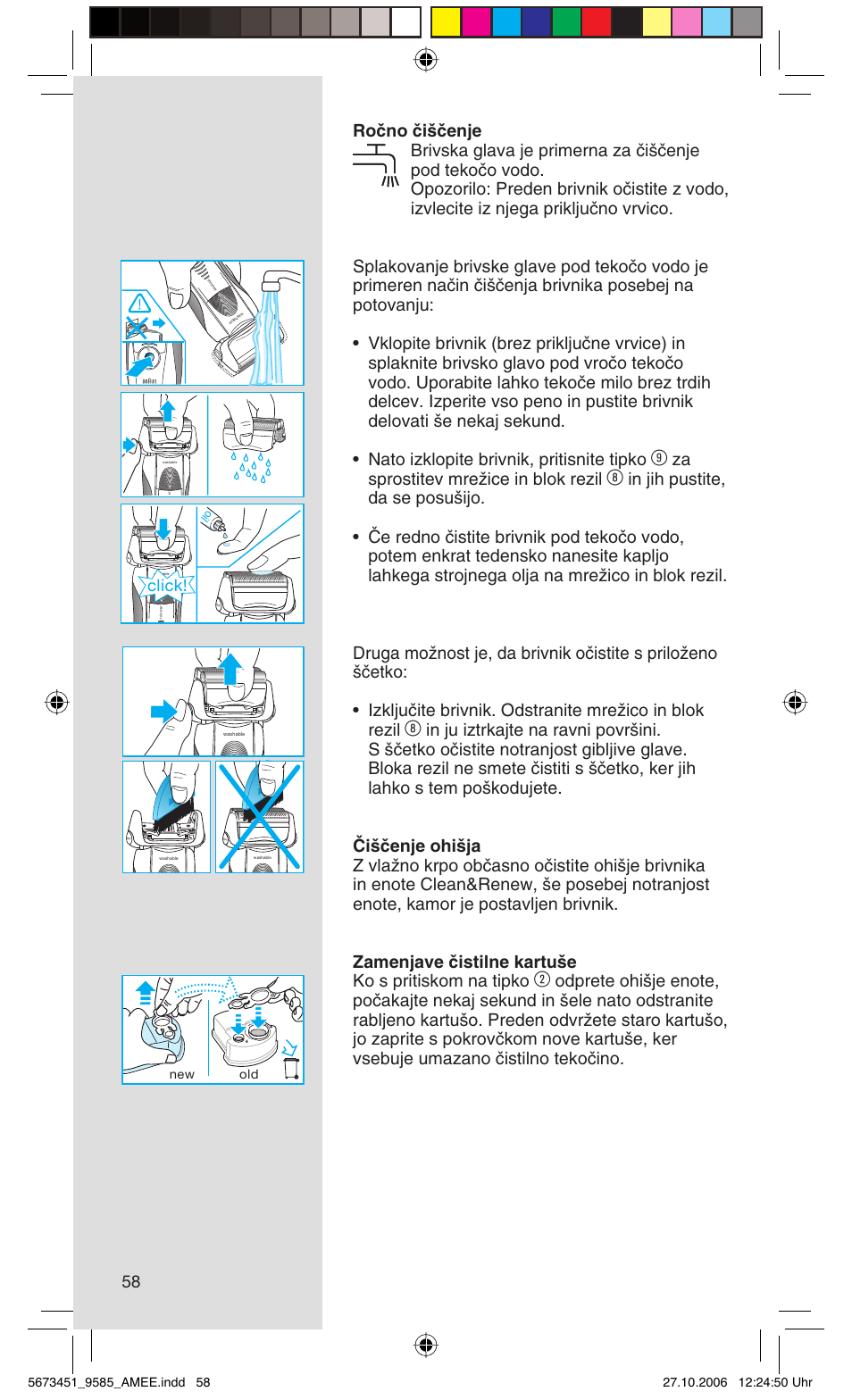 Za sprostitev mreïice in blok rezil, Click | Braun 9585 Pulsonic User Manual | Page 58 / 94