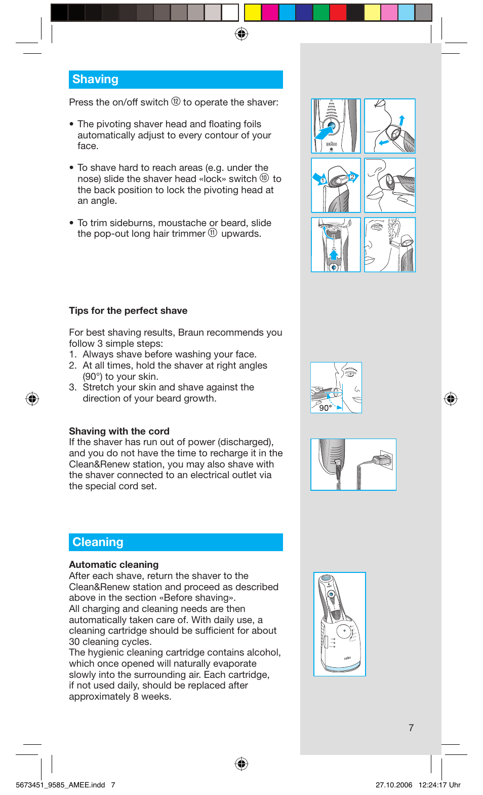 Shaving, Cleaning, Press the on/off switch | Rese t | Braun 9585 Pulsonic User Manual | Page 7 / 94