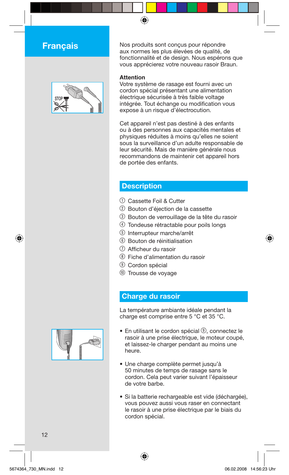 Français, Description 1, Charge du rasoir | Braun 720 Series 7  FR User Manual | Page 12 / 59