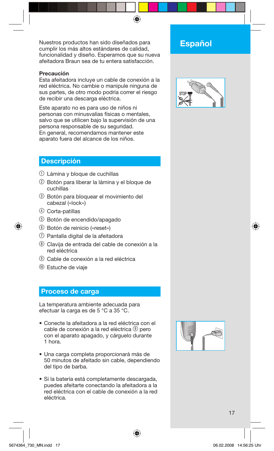 Español, Descripción 1, Proceso de carga | Braun 720 Series 7  FR User Manual | Page 17 / 59