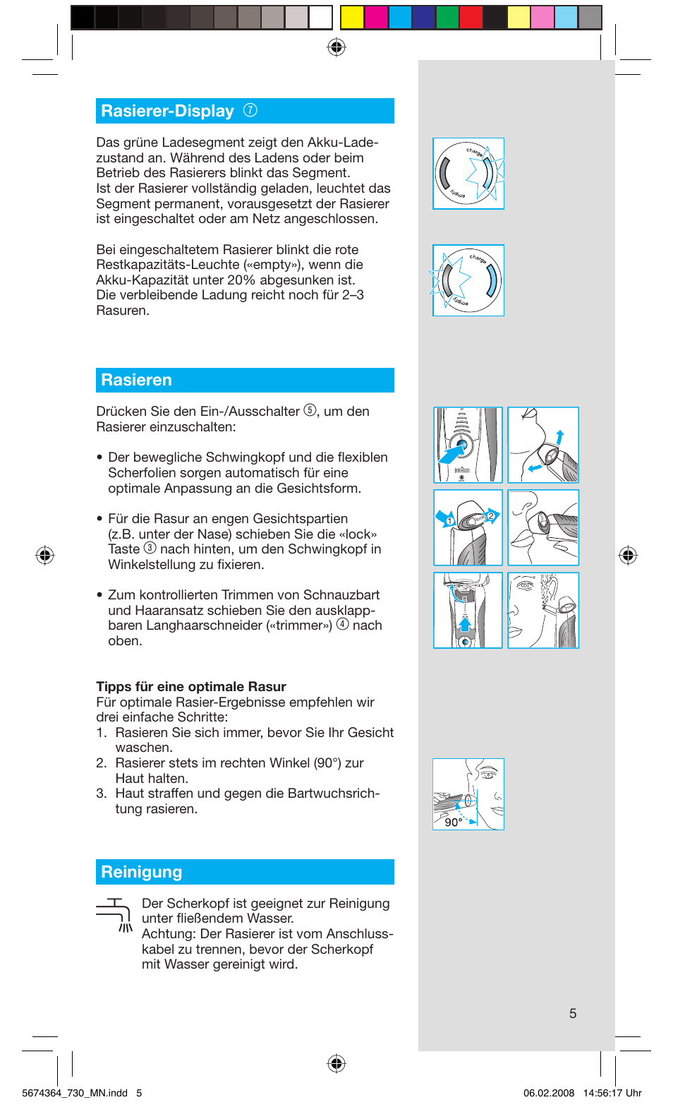 Rasierer-display, Rasieren, Reinigung | Drücken sie den ein-/ausschalter | Braun 720 Series 7  FR User Manual | Page 5 / 59