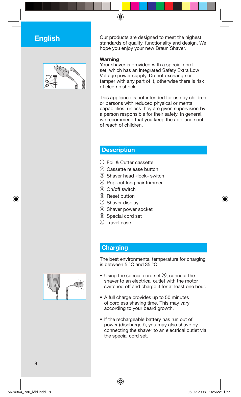 English, Description 1, Charging | Braun 720 Series 7  FR User Manual | Page 8 / 59