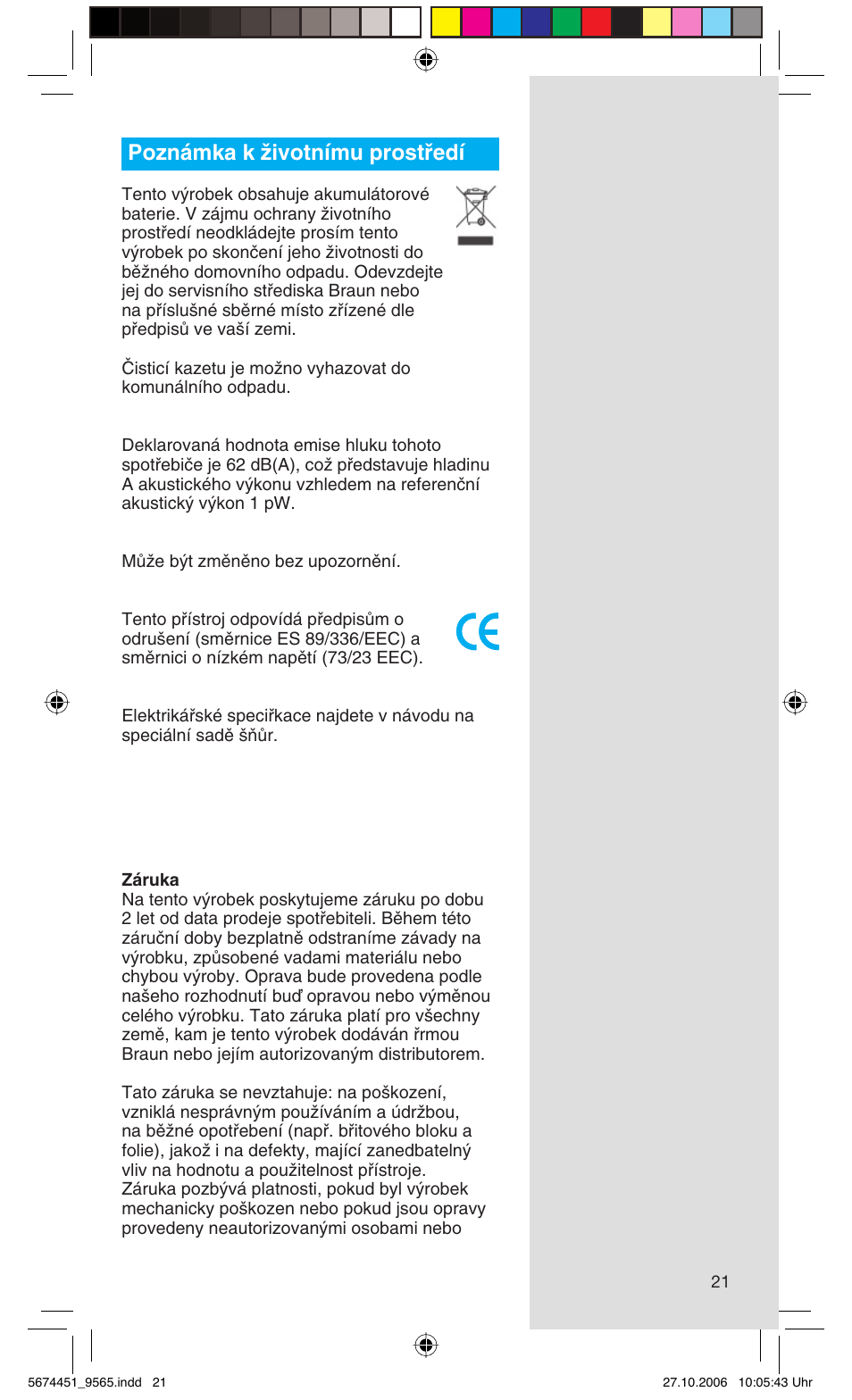 Poznámka k ïivotnímu prostﬁedí | Braun 9565 Pulsonic User Manual | Page 21 / 61