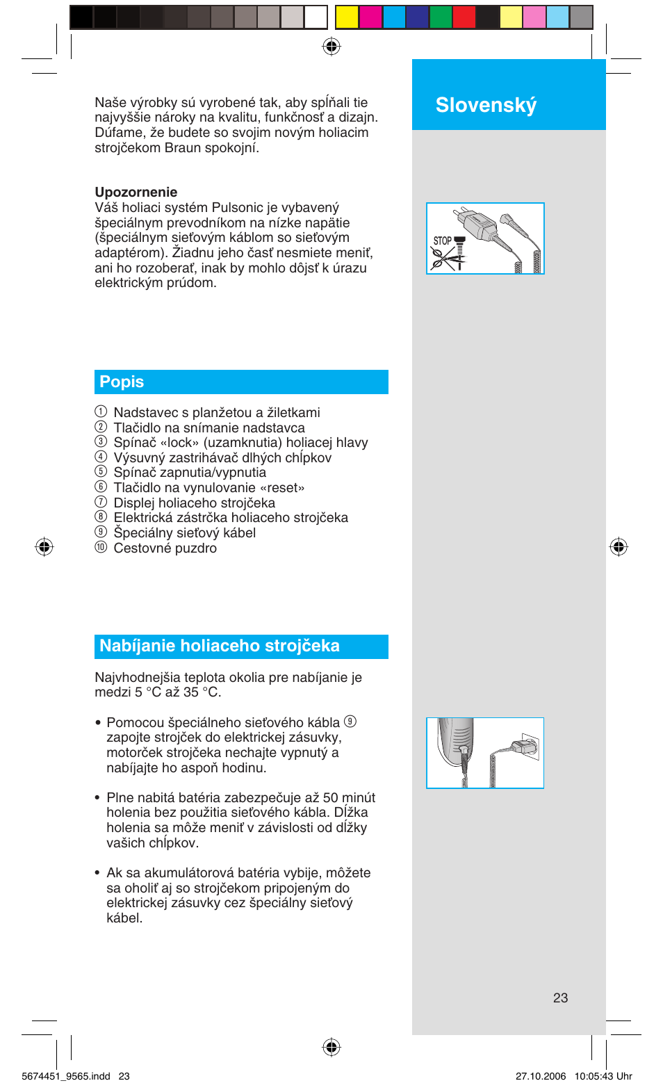 Slovensk, Popis 1, Nabíjanie holiaceho strojãeka | Braun 9565 Pulsonic User Manual | Page 23 / 61
