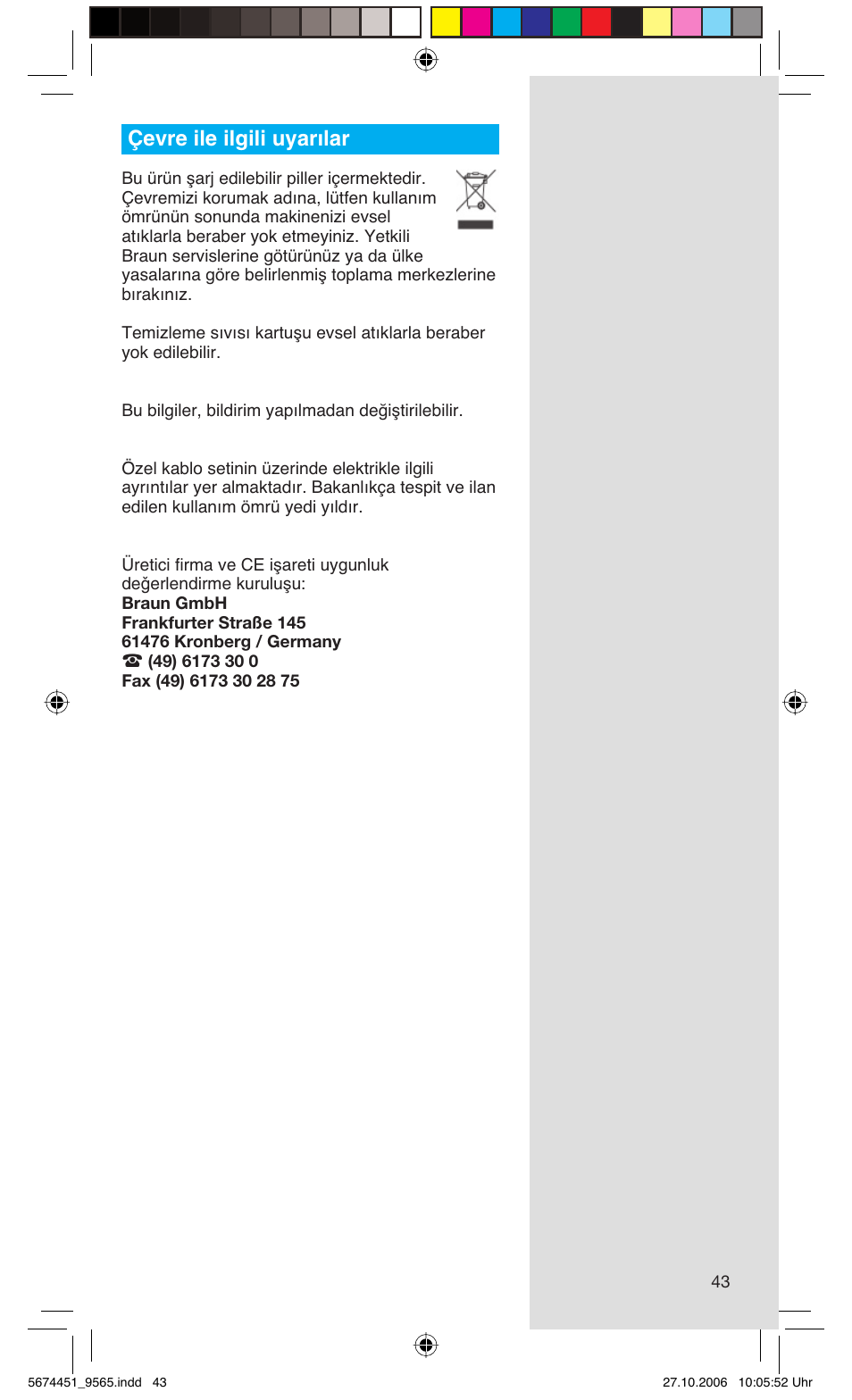 Çevre ile ilgili uyarılar | Braun 9565 Pulsonic User Manual | Page 43 / 61