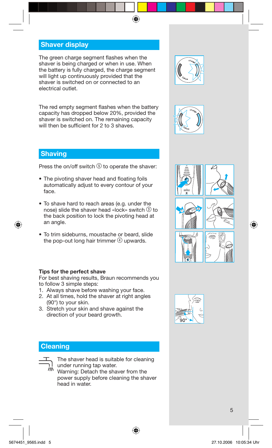Shaver display, Shaving, Cleaning | Press the on/off switch | Braun 9565 Pulsonic User Manual | Page 5 / 61