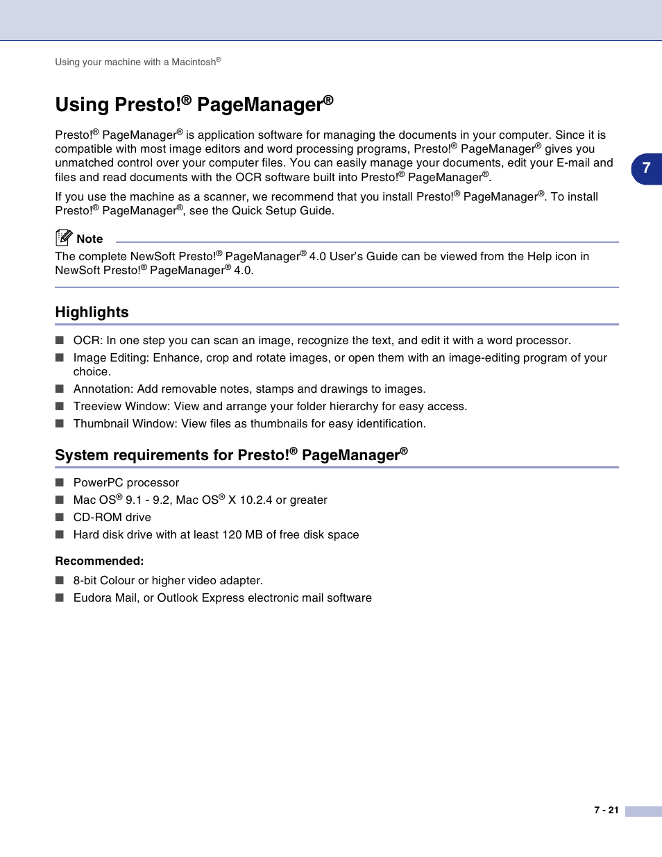 Highlights, Using presto, Highlights -21 system requirements for presto | Pagemanager, System requirements for presto | Brother DCP-7010L User Manual | Page 100 / 117