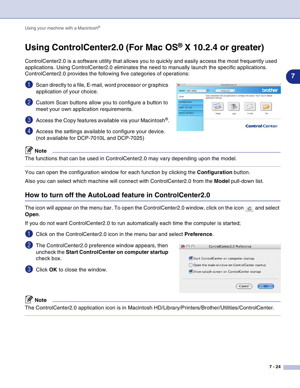 Using controlcenter2.0 (for mac os, X 10.2.4 or greater) -24, See using controlcenter2.0 (for mac os | X 10.2.4 or greater) | Brother DCP-7010L User Manual | Page 103 / 117