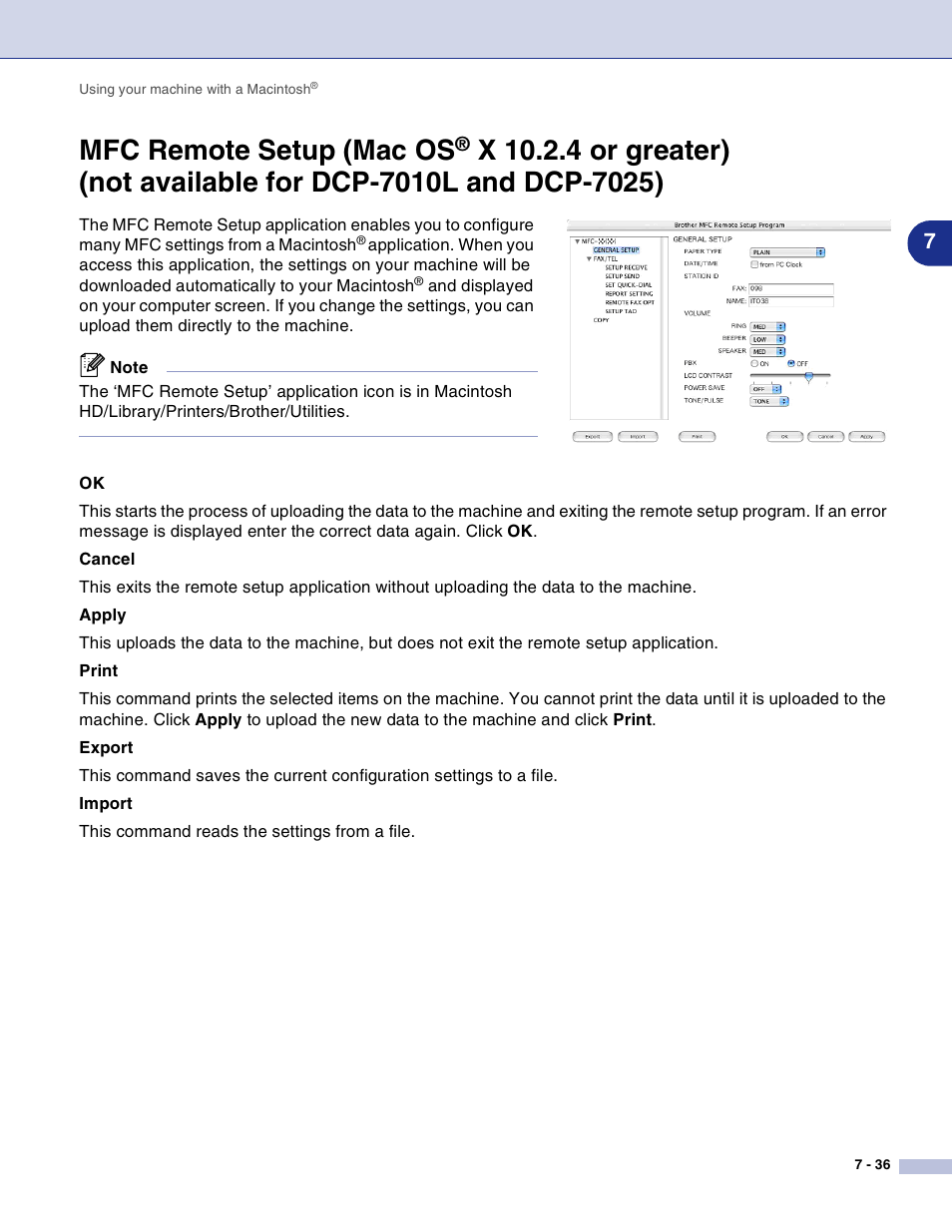 Mfc remote setup (mac os, X 10.2.4 or greater), Not available for dcp-7010l and dcp-7025) -36 | See mfc remote setup (mac os | Brother DCP-7010L User Manual | Page 115 / 117