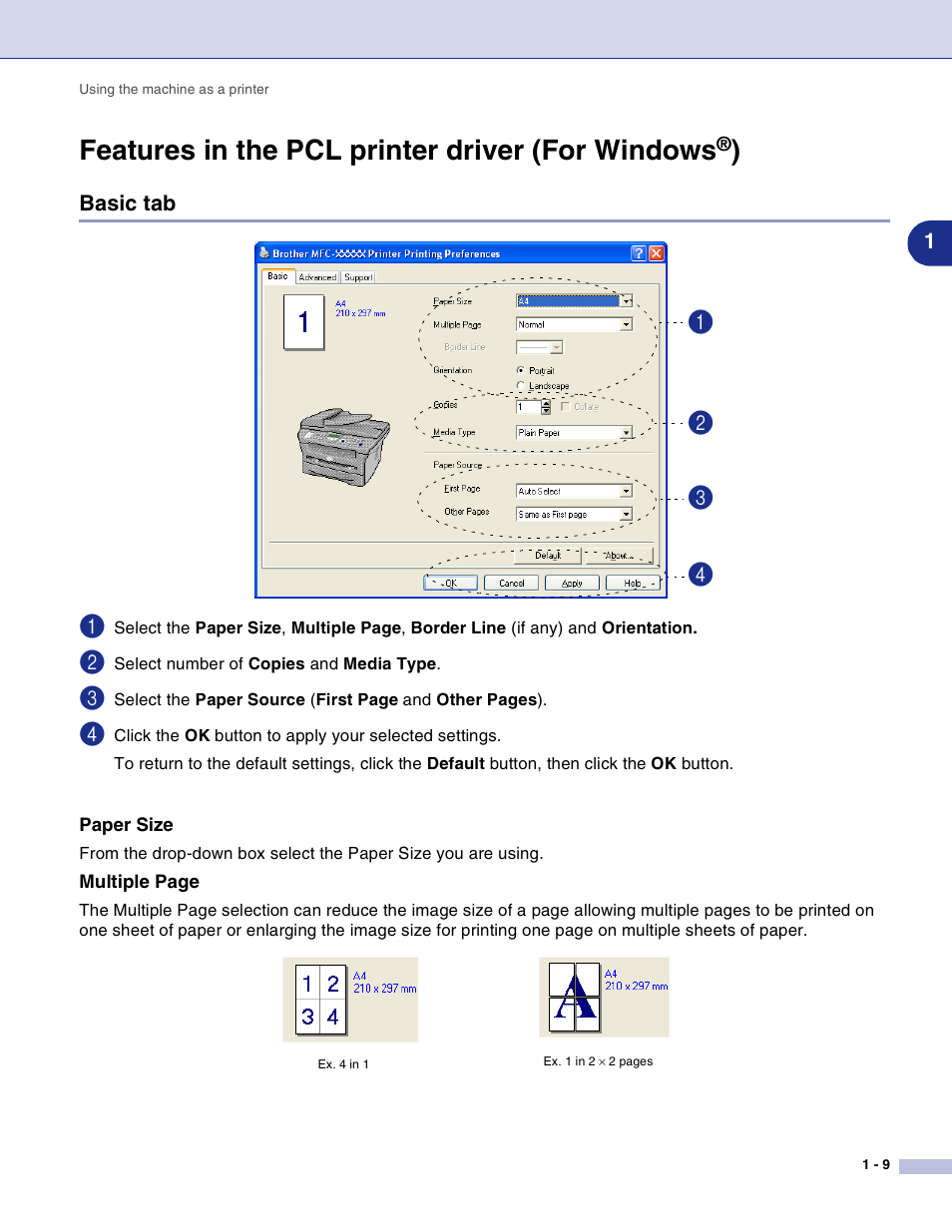 Features in the pcl printer driver (for windows®), Basic tab, Paper size | Features in the pcl printer driver (for windows, Basic tab -9 | Brother DCP-7010L User Manual | Page 14 / 117