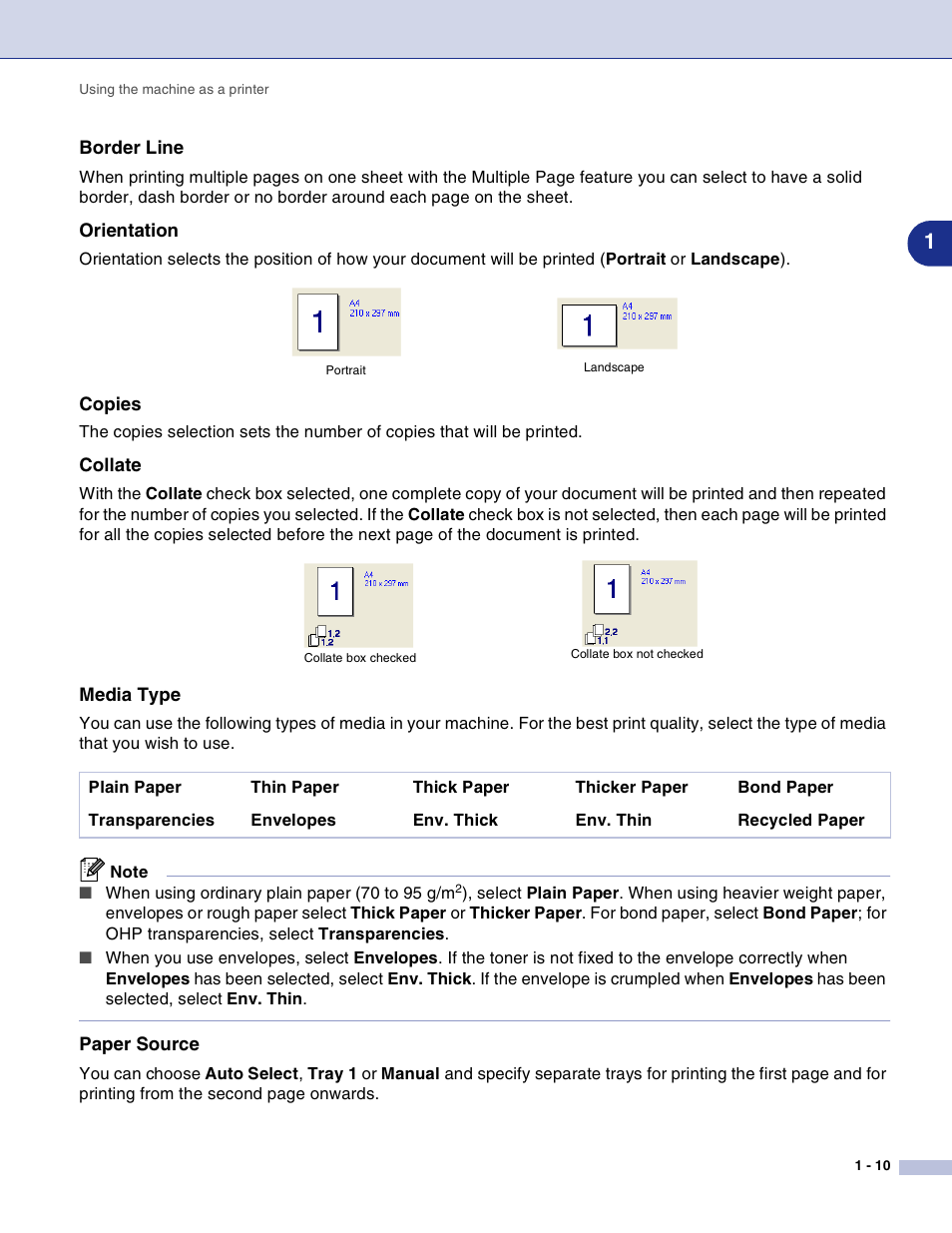 Border line, Orientation, Copies | Collate, Media type, Paper source | Brother DCP-7010L User Manual | Page 15 / 117