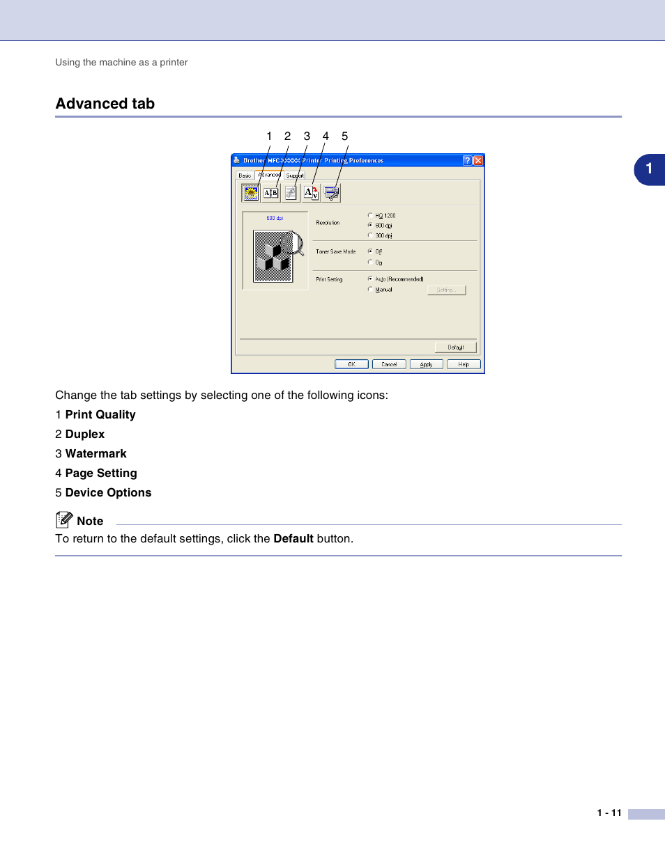 Advanced tab, Advanced tab -11, 1advanced tab | Brother DCP-7010L User Manual | Page 16 / 117