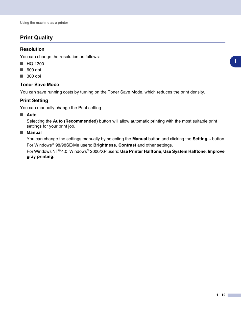 Print quality, Resolution, Toner save mode | Print setting, Print quality -12, 1print quality | Brother DCP-7010L User Manual | Page 17 / 117
