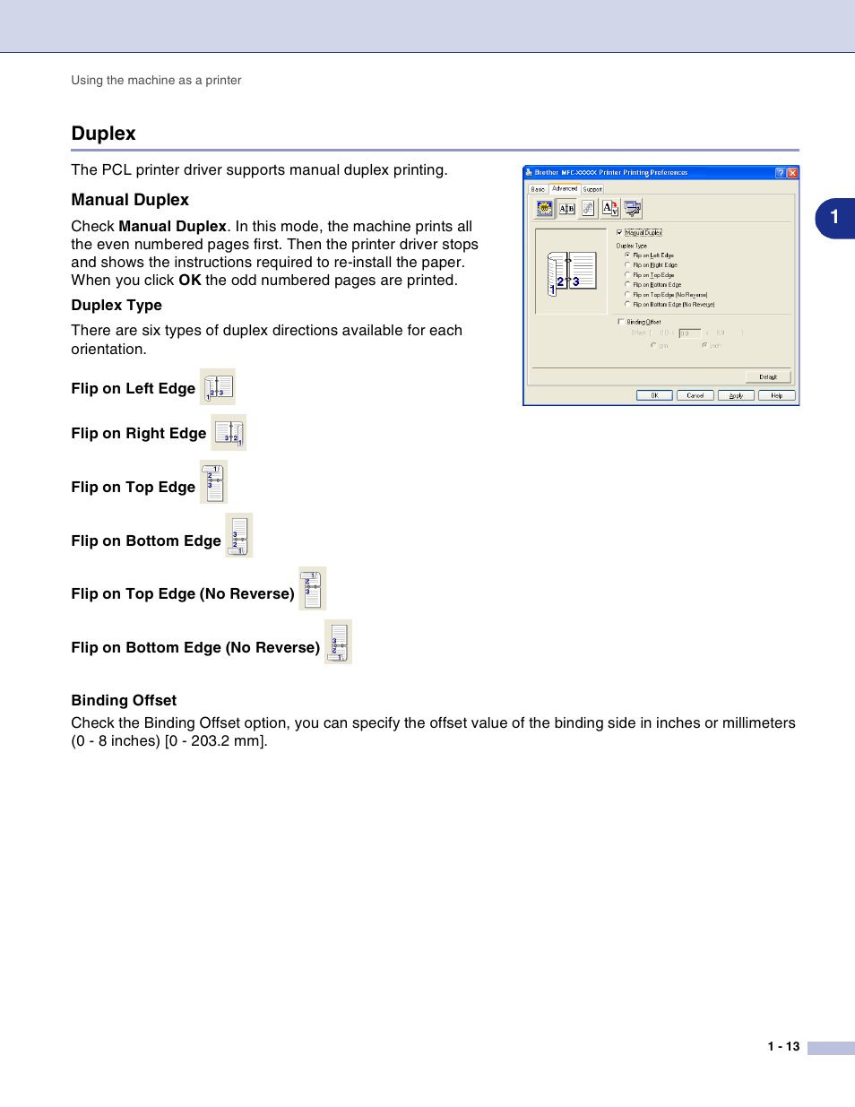 Duplex, Manual duplex, Duplex -13 | 1duplex | Brother DCP-7010L User Manual | Page 18 / 117