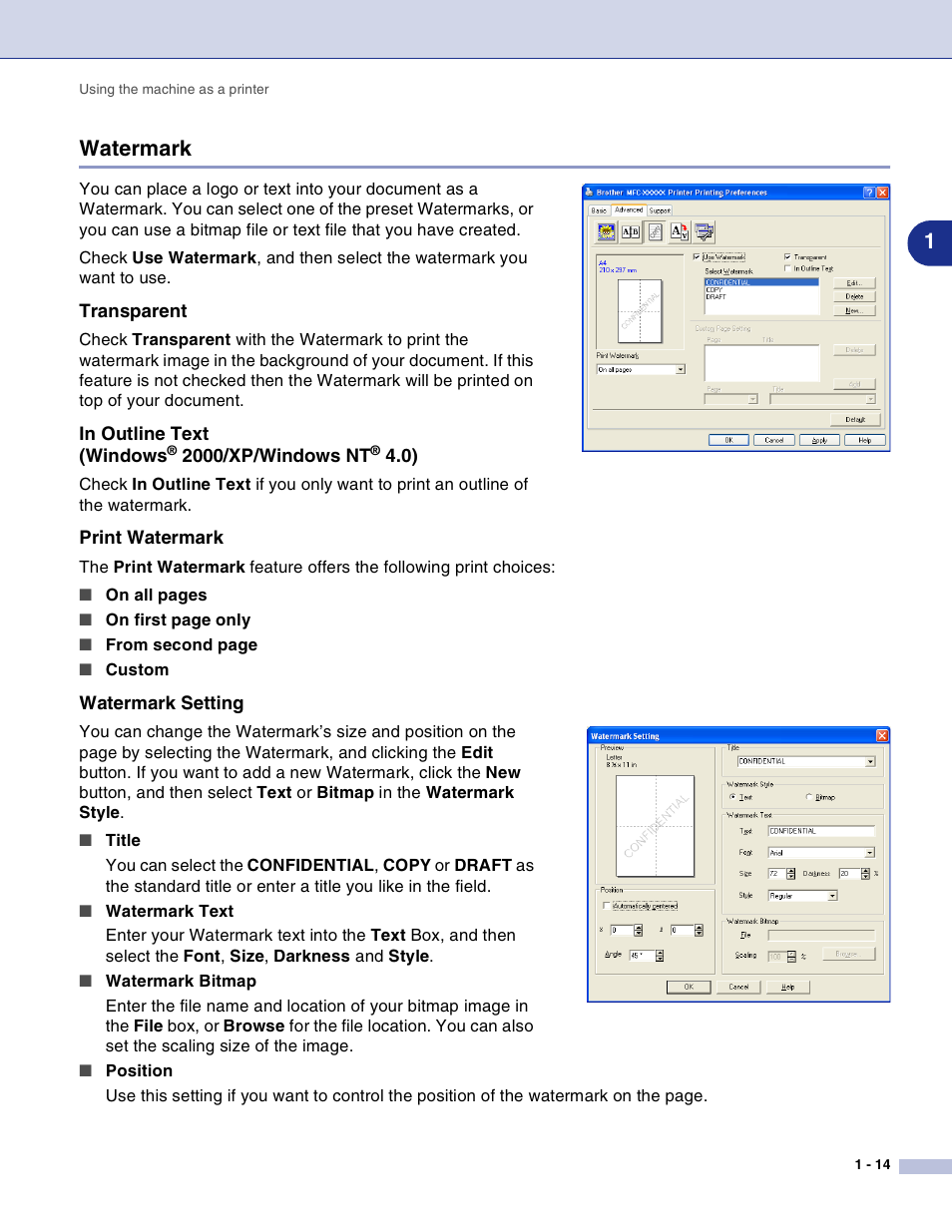 Watermark, Transparent, In outline text (windows® 2000/xp/windows nt® 4.0) | Print watermark, Watermark setting, Watermark -14, 1watermark | Brother DCP-7010L User Manual | Page 19 / 117