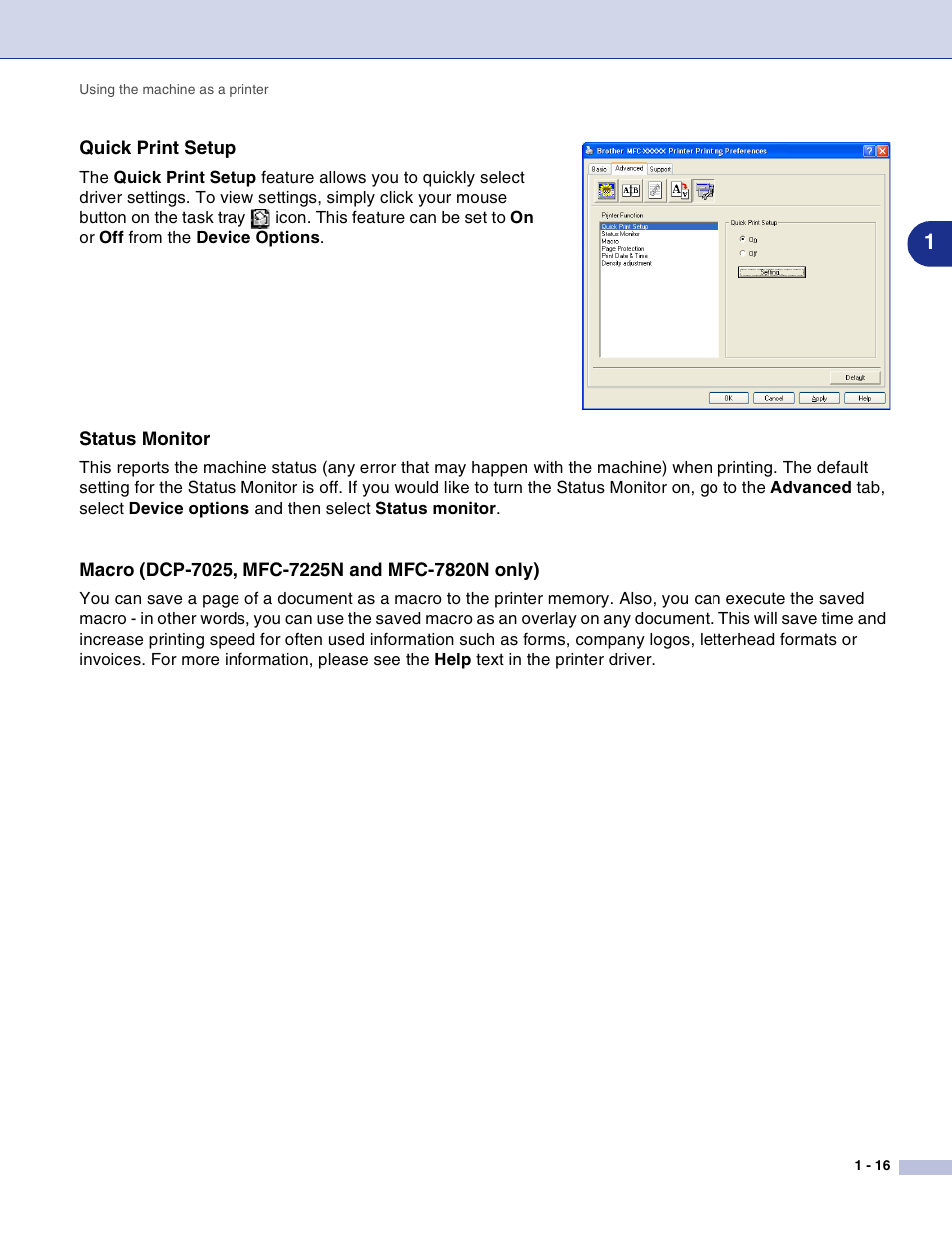 Quick print setup, Status monitor, Macro (dcp-7025, mfc-7225n and mfc-7820n only) | Brother DCP-7010L User Manual | Page 21 / 117