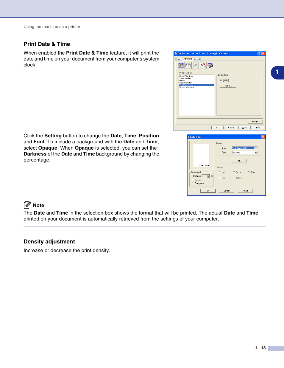 Print date & time, Density adjustment | Brother DCP-7010L User Manual | Page 23 / 117
