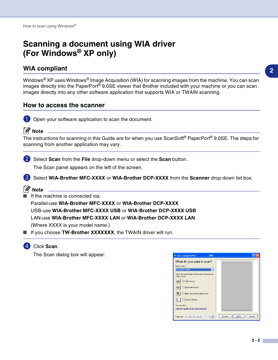 Wia compliant, How to access the scanner, Scanning a document using wia driver (for windows | Xp only) -2, Wia compliant -2 how to access the scanner -2, Xp only) | Brother DCP-7010L User Manual | Page 29 / 117