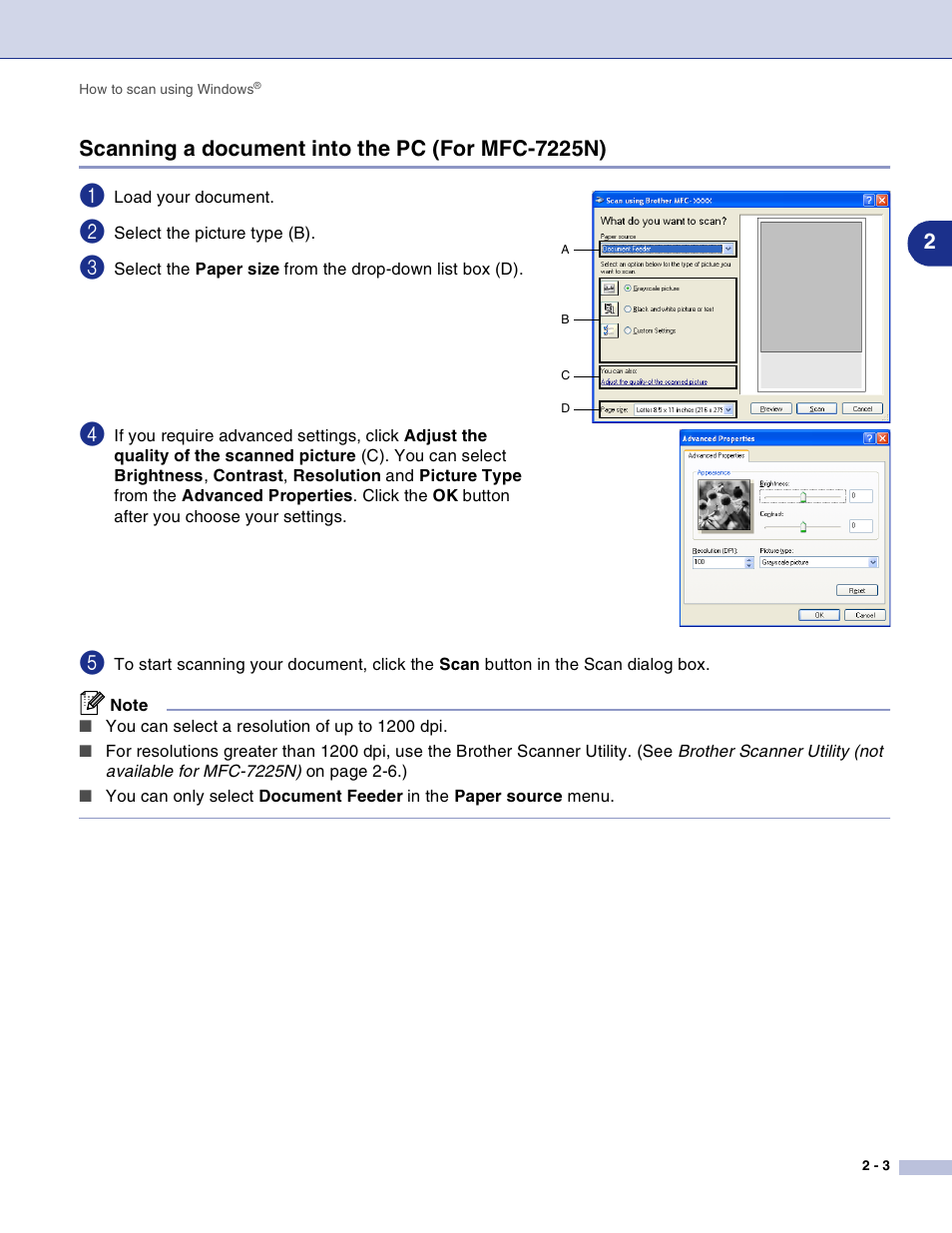 Scanning a document into the pc (for mfc-7225n), Scanning a document into the pc (for mfc-7225n) -3 | Brother DCP-7010L User Manual | Page 30 / 117