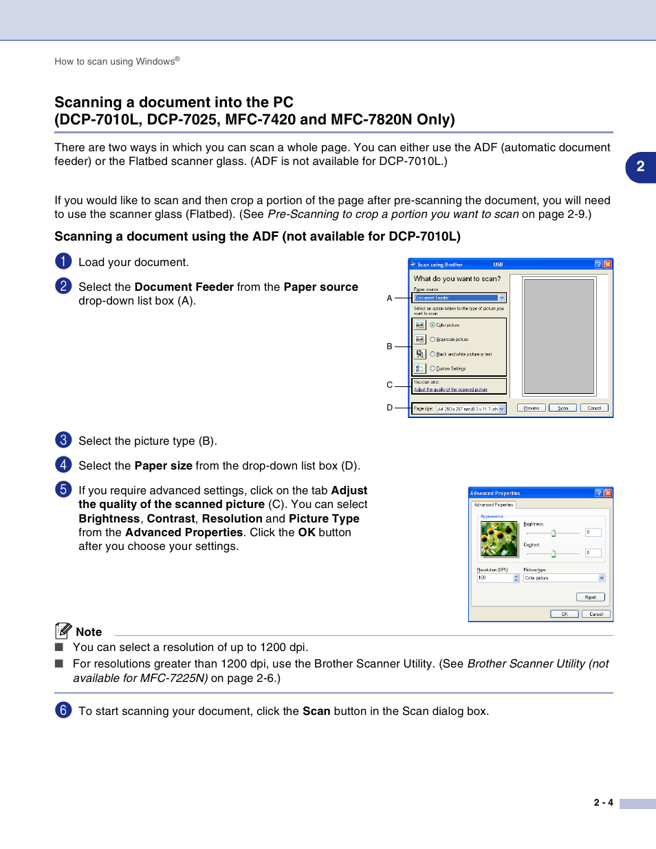 Scanning a document into the pc | Brother DCP-7010L User Manual | Page 31 / 117