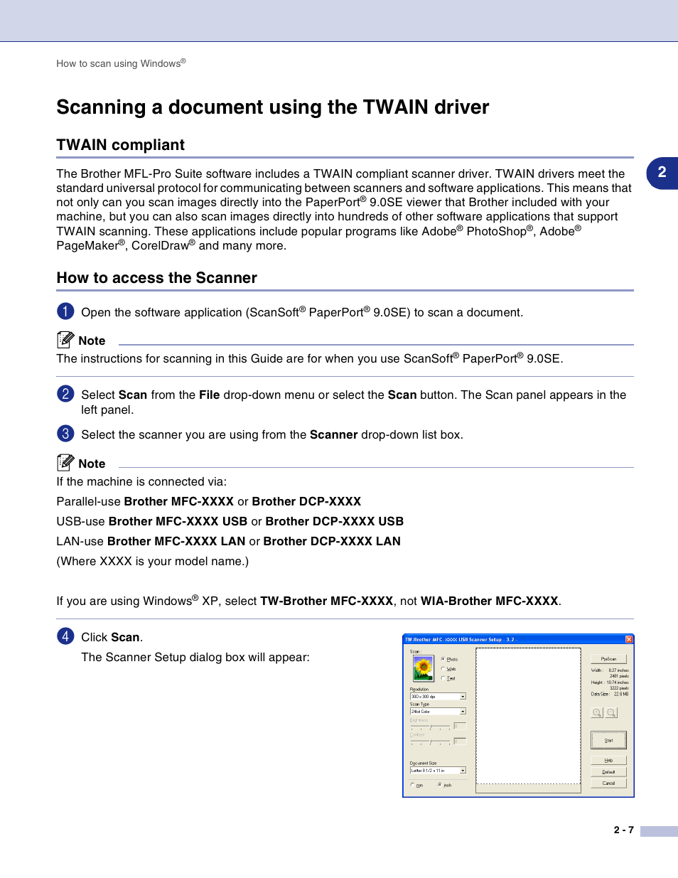 Scanning a document using the twain driver, Twain compliant, How to access the scanner | Scanning a document using the twain driver -7, Twain compliant -7 how to access the scanner -7 | Brother DCP-7010L User Manual | Page 34 / 117