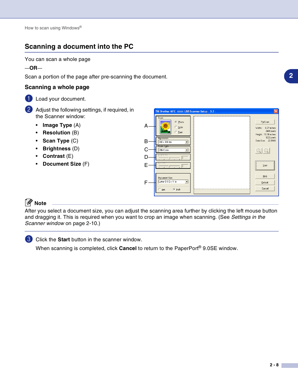 Scanning a document into the pc, Scanning a document into the pc -8, 2scanning a document into the pc | Brother DCP-7010L User Manual | Page 35 / 117