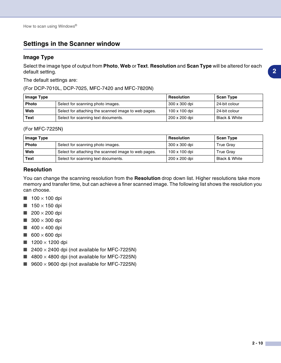 Settings in the scanner window, Image type, Resolution | Settings in the scanner window -10, 2settings in the scanner window | Brother DCP-7010L User Manual | Page 37 / 117