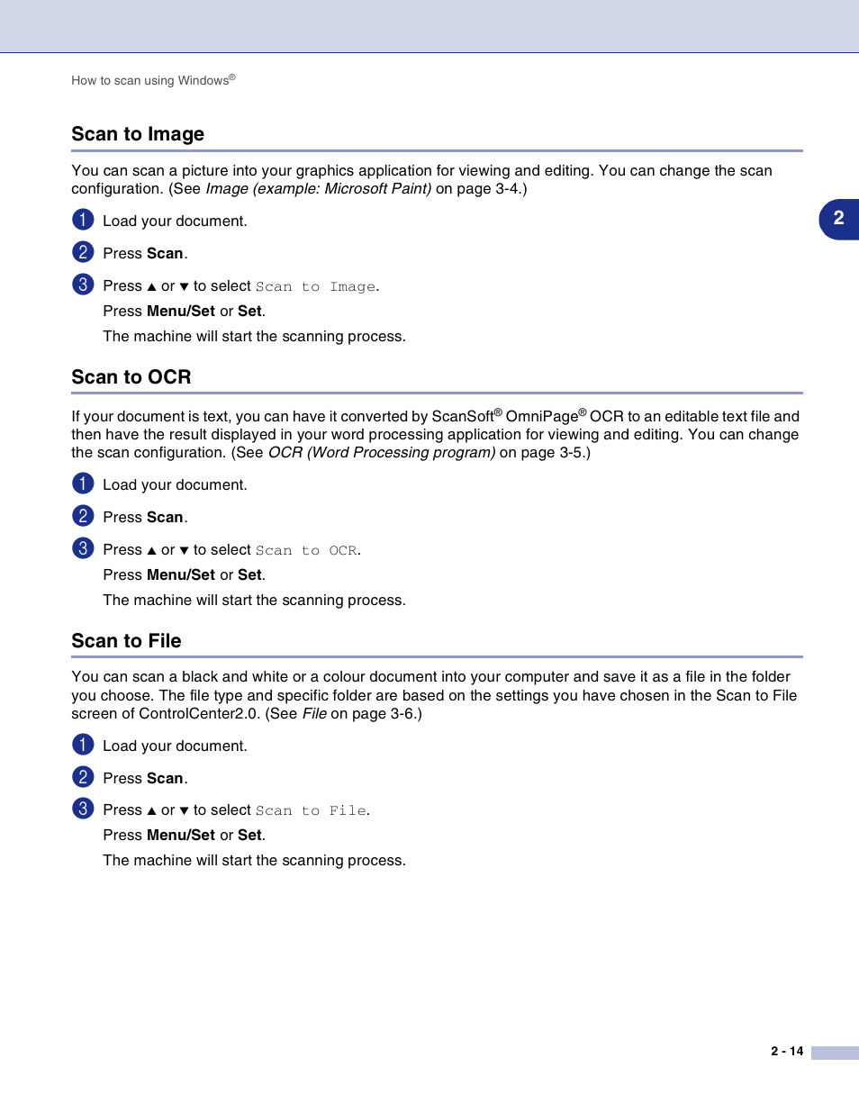 Scan to image, Scan to ocr, Scan to file | Scan to image -14 scan to ocr -14 scan to file -14, 2scan to image | Brother DCP-7010L User Manual | Page 41 / 117