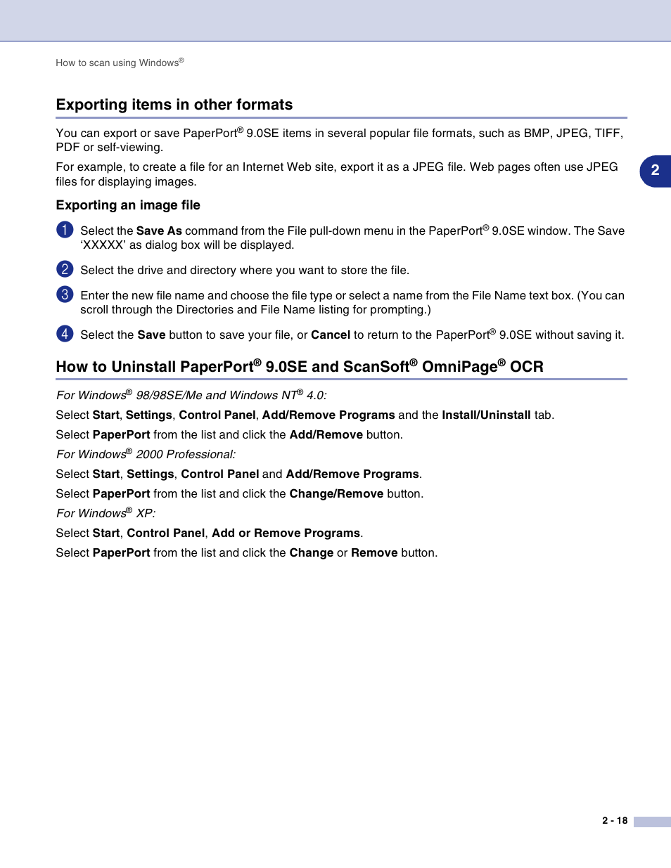 Exporting items in other formats, Exporting an image file, 0se and scansoft | Ocr -18, 2exporting items in other formats, How to uninstall paperport, Omnipage | Brother DCP-7010L User Manual | Page 45 / 117