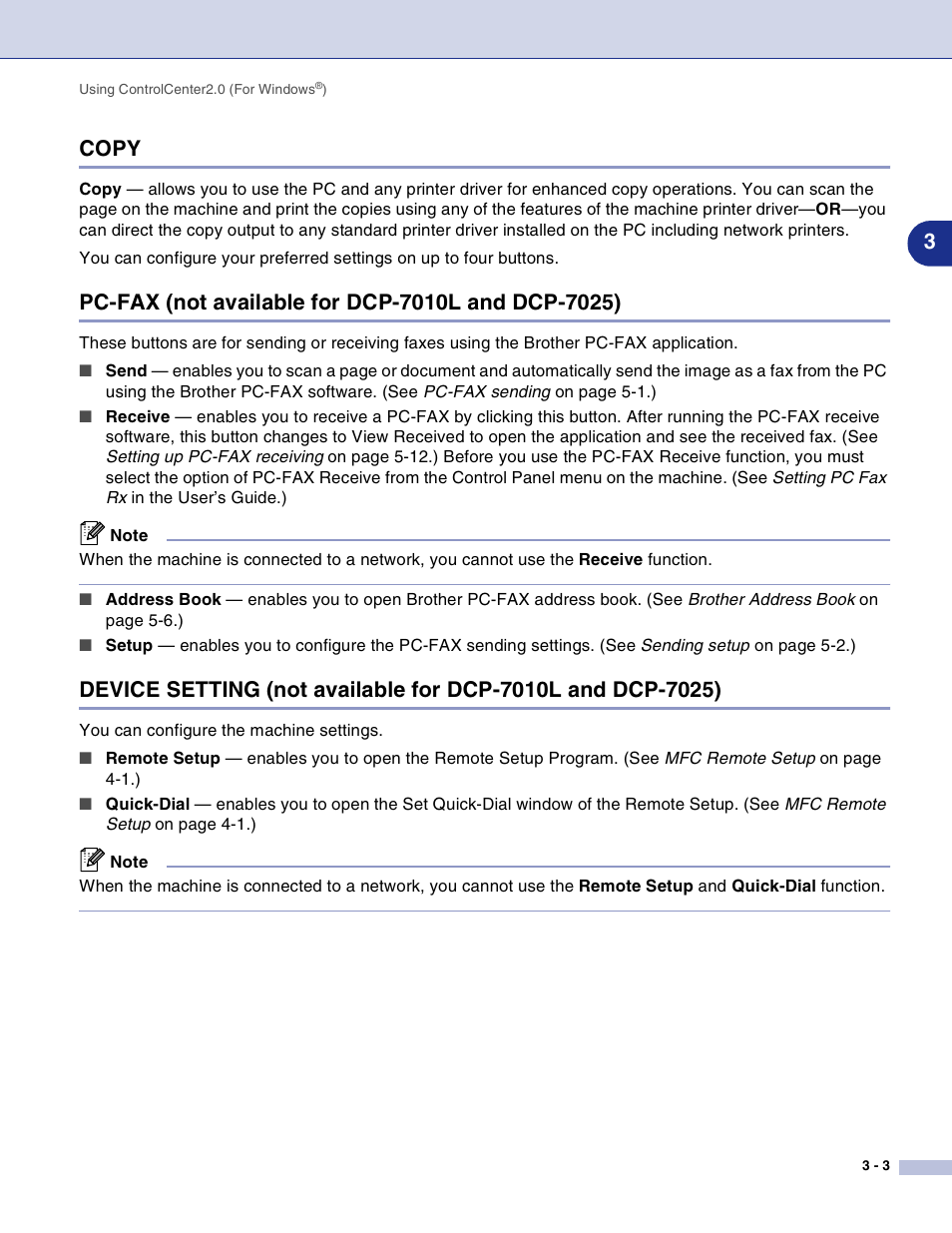 Copy, Pc-fax (not available for dcp-7010l and dcp-7025), 3copy | Brother DCP-7010L User Manual | Page 48 / 117