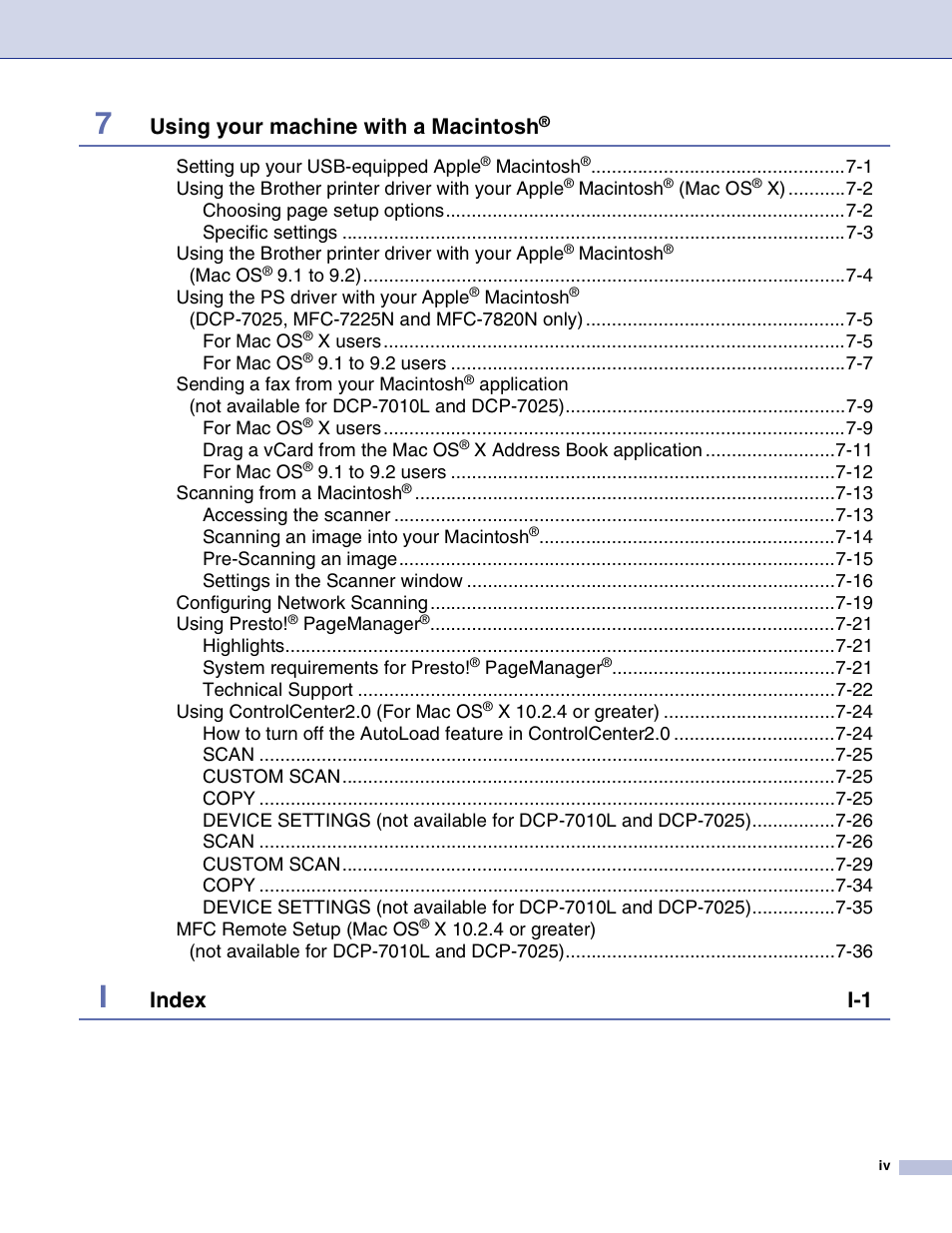 Using your machine with a macintosh, Index i-1 | Brother DCP-7010L User Manual | Page 5 / 117