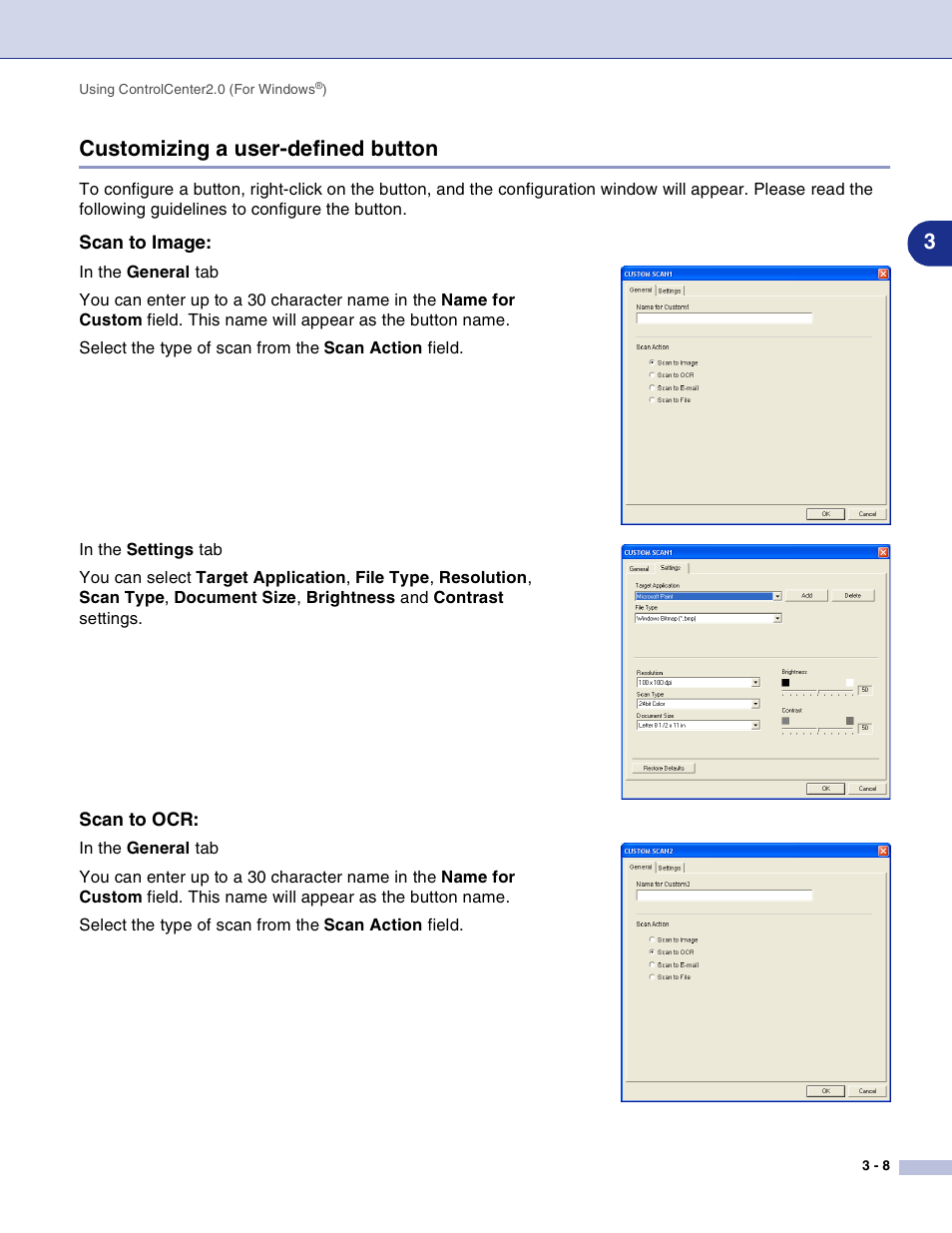 Customizing a user-defined button, Scan to image, Scan to ocr | Customizing a user-defined button -8, 3customizing a user-defined button | Brother DCP-7010L User Manual | Page 53 / 117