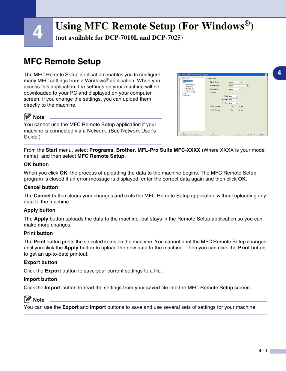 Mfc remote setup, Using mfc remote setup (for windows, Not available for dcp-7010l and dcp-7025) | Mfc remote setup -1 | Brother DCP-7010L User Manual | Page 60 / 117
