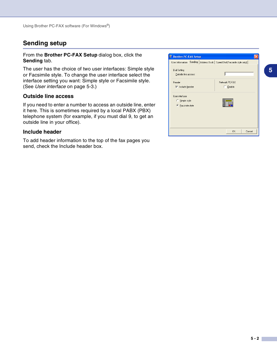 Sending setup, Outside line access, Include header | Sending setup -2, 5sending setup | Brother DCP-7010L User Manual | Page 62 / 117