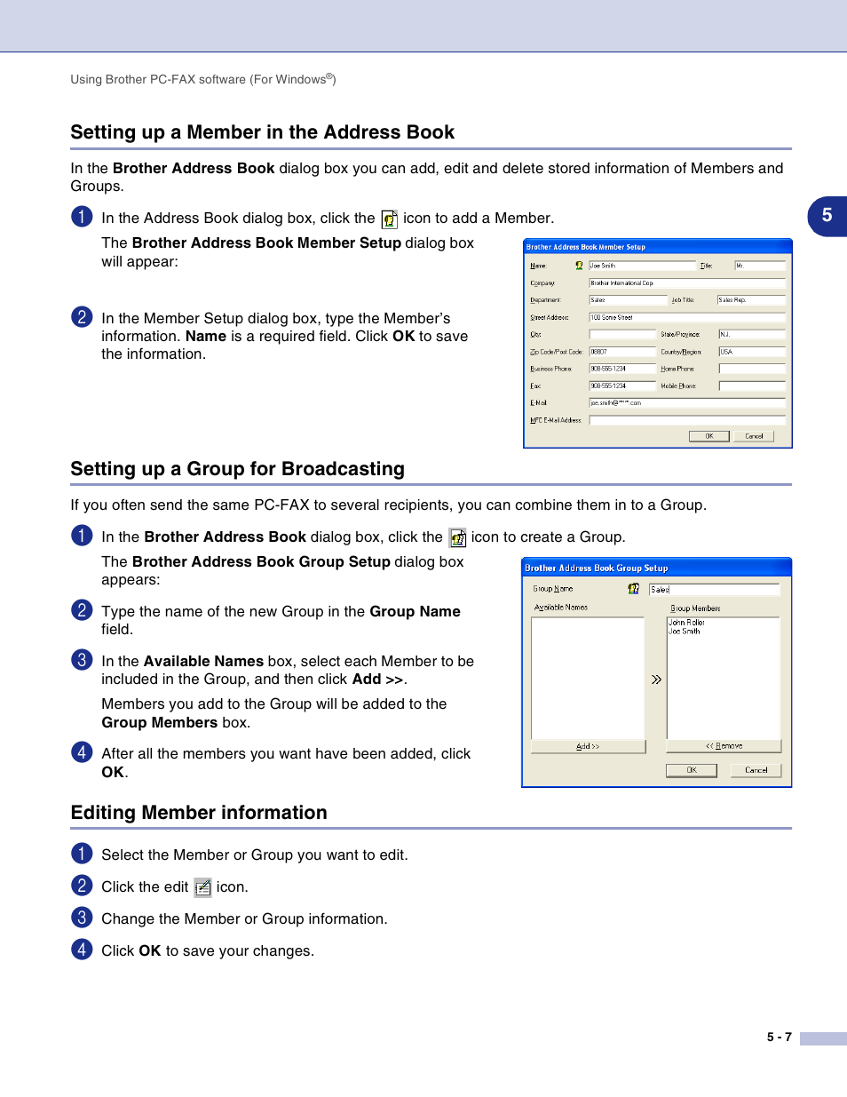 Setting up a member in the address book, Setting up a group for broadcasting, Editing member information | Brother DCP-7010L User Manual | Page 67 / 117