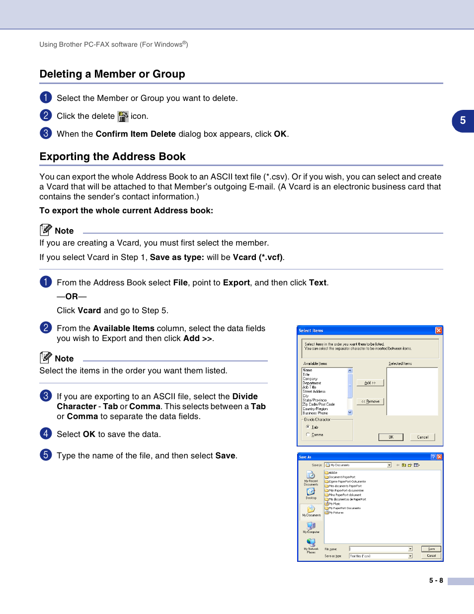 Deleting a member or group, Exporting the address book | Brother DCP-7010L User Manual | Page 68 / 117