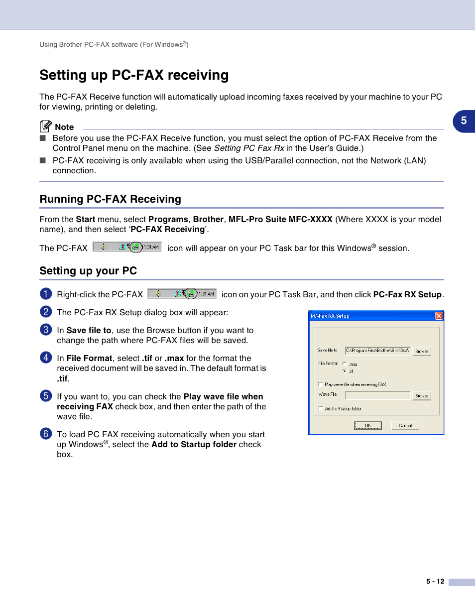Setting up pc-fax receiving, Running pc-fax receiving, Setting up your pc | Setting up pc-fax receiving -12 | Brother DCP-7010L User Manual | Page 72 / 117