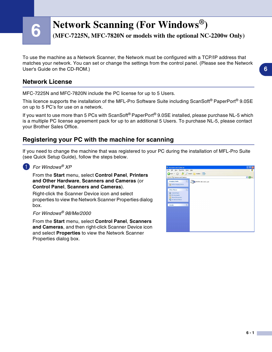 Network license, Registering your pc with the machine for scanning, Network scanning (for windows | Brother DCP-7010L User Manual | Page 74 / 117