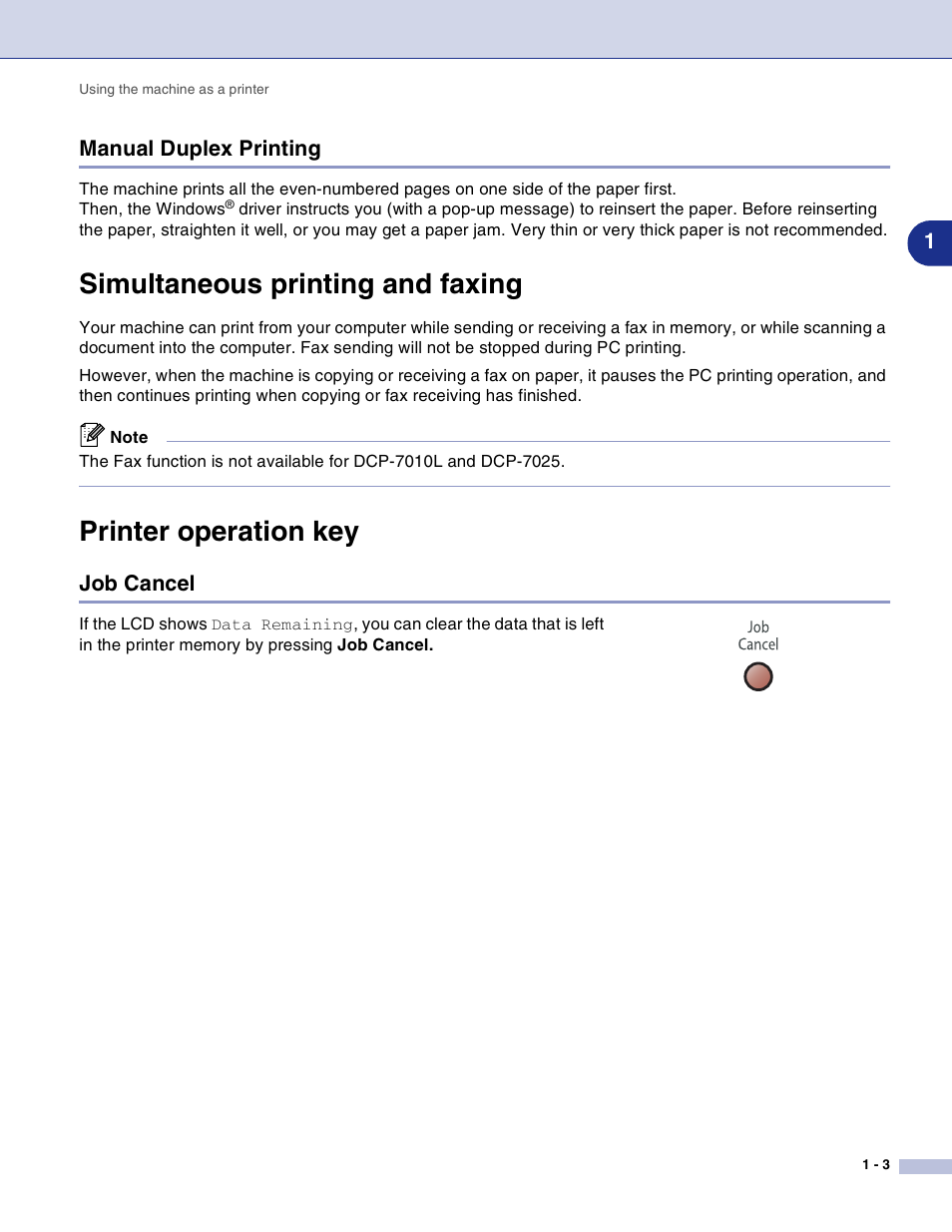 Manual duplex printing, Simultaneous printing and faxing, Printer operation key | Job cancel, Manual duplex printing -3, Job cancel -3 | Brother DCP-7010L User Manual | Page 8 / 117