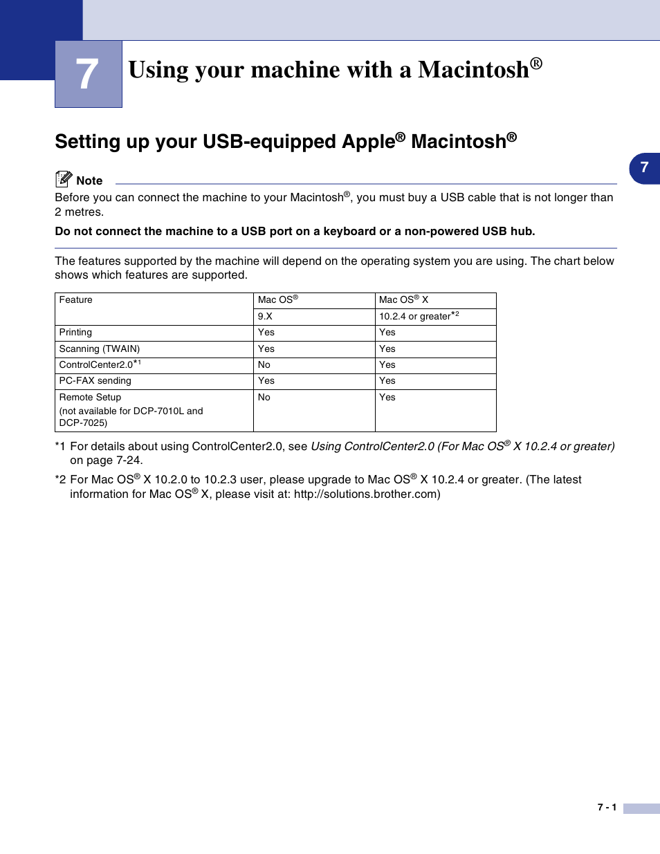 7 using your machine with a macintosh, Setting up your usb-equipped apple® macintosh, Using your machine with a macintosh | Setting up your usb-equipped apple, Macintosh | Brother DCP-7010L User Manual | Page 80 / 117