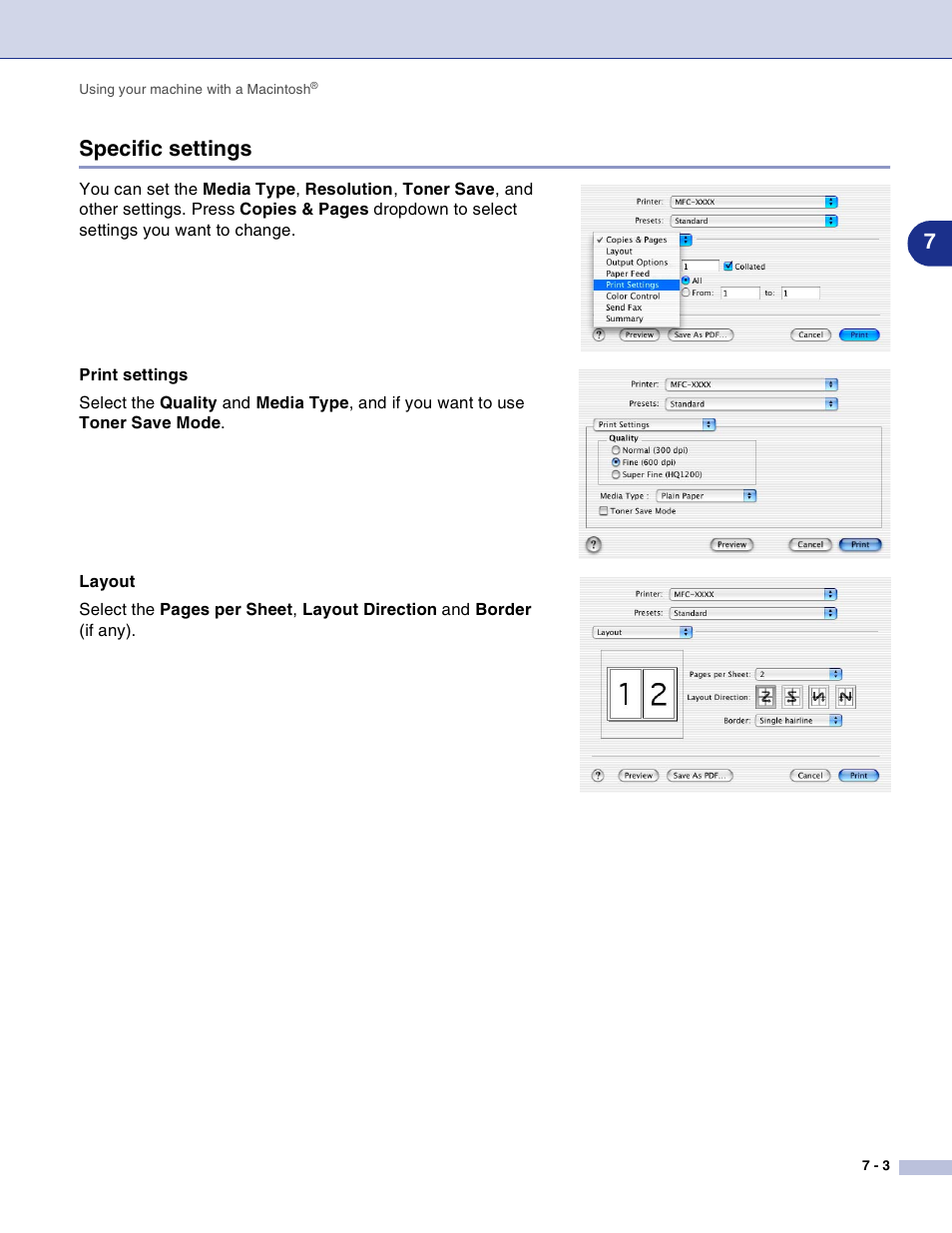 Specific settings, Specific settings -3, 7specific settings | Brother DCP-7010L User Manual | Page 82 / 117
