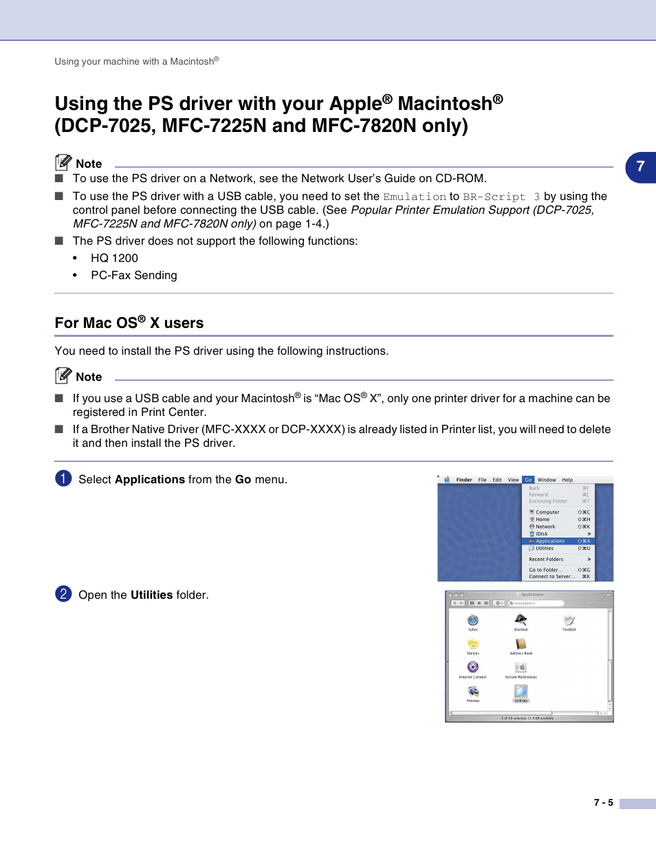 For mac os® x users, Using the ps driver with your apple, Macintosh | Dcp-7025, mfc-7225n and mfc-7820n only) -5, For mac os, X users -5 | Brother DCP-7010L User Manual | Page 84 / 117
